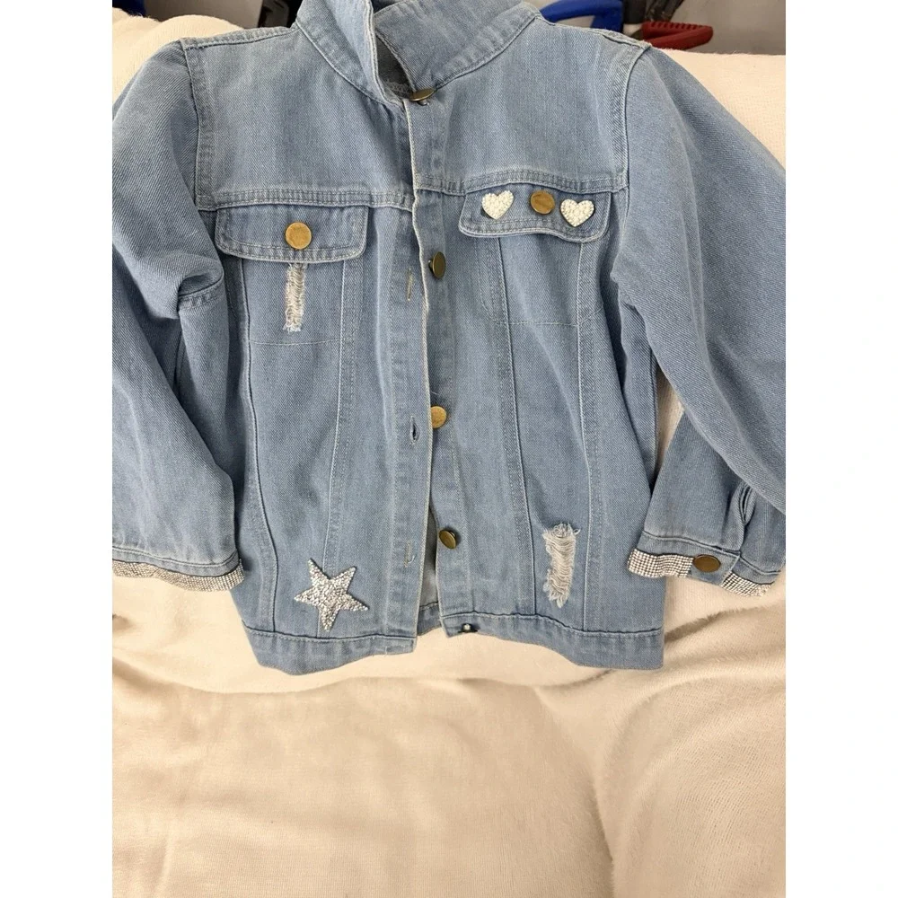 Girls Denim Jacket 7/8Y HARPER Custom Name Pearl Letters Rhinestone Heart Star